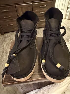 Clarks Black Leather Desert Boots with Bead Accents